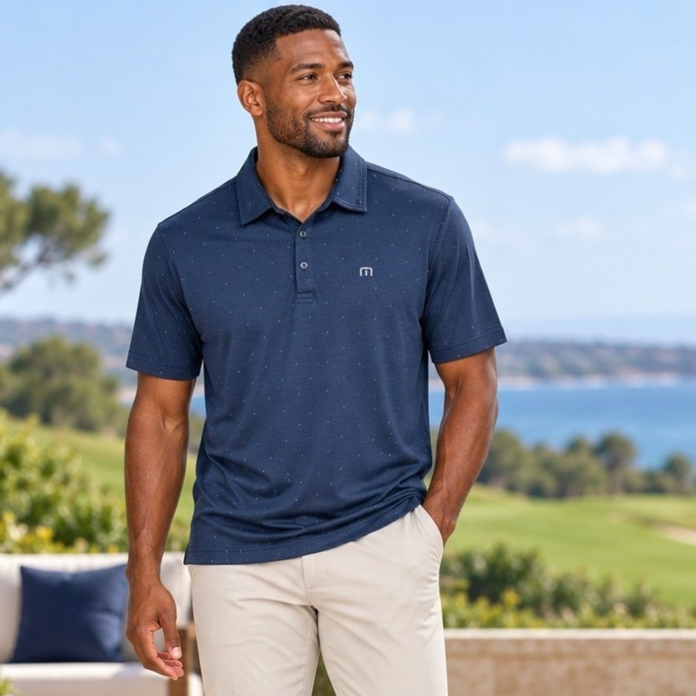 Travis Mathew Mens Navy Blue Micro Dot Pima Cotton Blend Polo Shirt Large Golf
